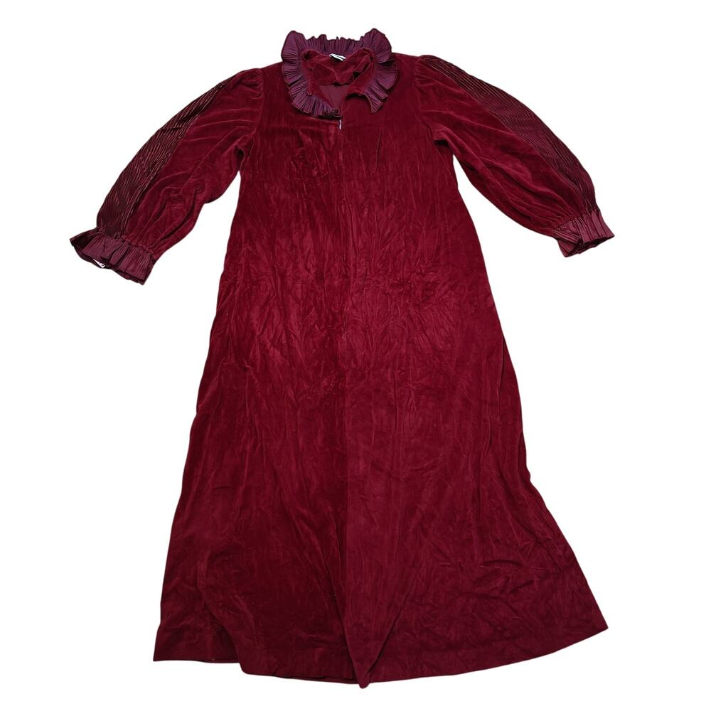Vintage R. Michael Alan Deep Red Ruffle Trim House Coat Robe Womens Medium - Picture 2 of 7